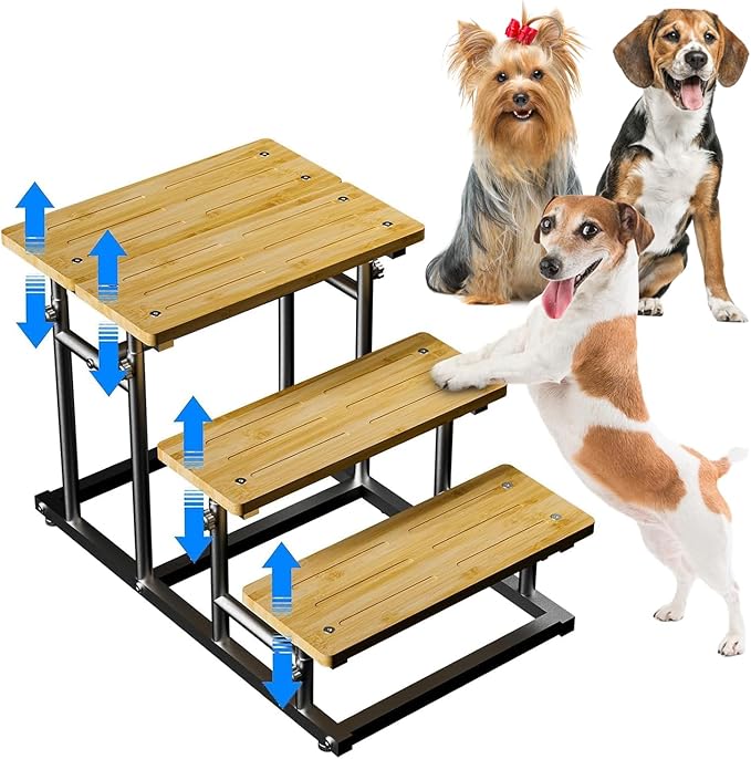 Deformable Bamboo Pet Dog Stairs Dog Steps for High Bed & Couch, Adjusted 4 or 3 Ladder Dog Step Pet Stairs, Metal & Non-Slip Bamboo Board Pet Step Cat Stairs Steps for Small Medium Dogs