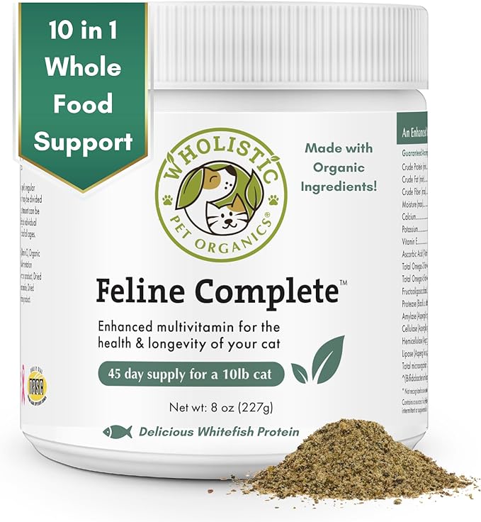 Wholistic Pet Organics Feline Complete: Cat Multivitamins Powder - 8 oz - Cat Probiotics for Indoor Cats - Immune Support Supplement for Cats - Essential Vitamins and Supplement for Cats Skin & Coat