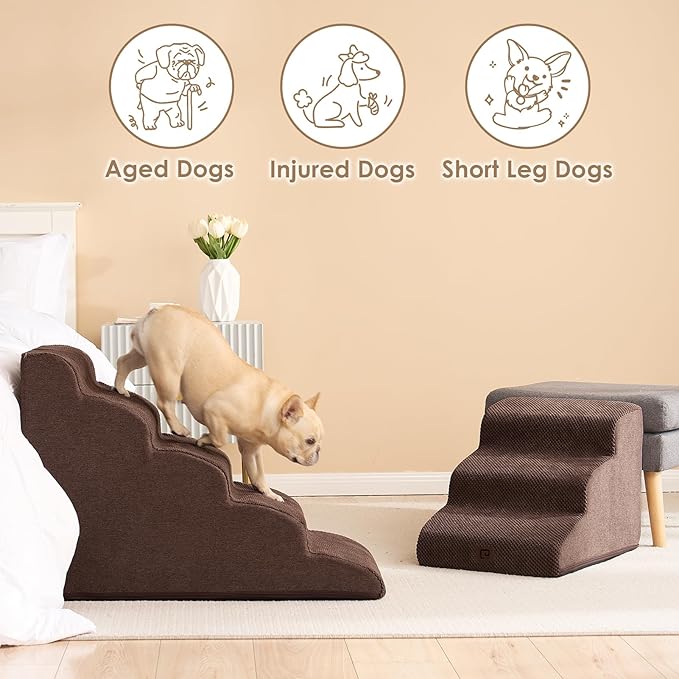 EHEYCIGA Curved Dog Stairs for High Beds 22.6" H, 5-Step Dog Steps for Small Dogs and Cats, Pet Stairs for High Bed Climbing, Non-Slip Balanced Pet Step Indoor, Brown