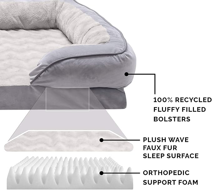 Furhaven Orthopedic Dog Bed for Large/Medium Dogs w/ Removable Bolsters & Washable Cover, For Dogs Up to 55 lbs - Plush & Velvet Waves Perfect Comfort Sofa - Granite Gray, Large