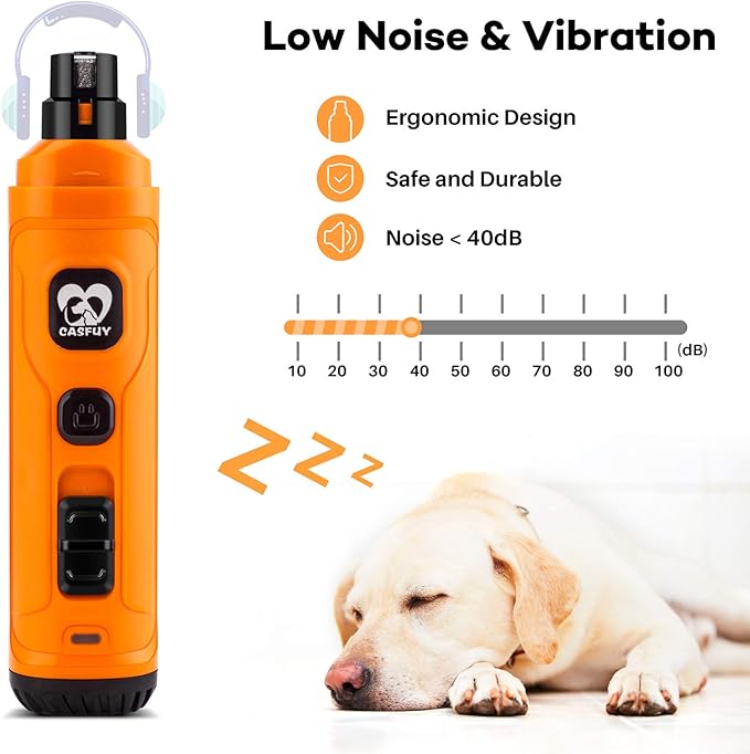 Casfuy Dog Nail Grinder with 2 LED Light - New Version 2-Speed Powerful Electric Pet Nail Trimmer Professional Quiet Painless Paws Grooming & Smoothing for Small Medium Large Dogs and Cats (Orange)