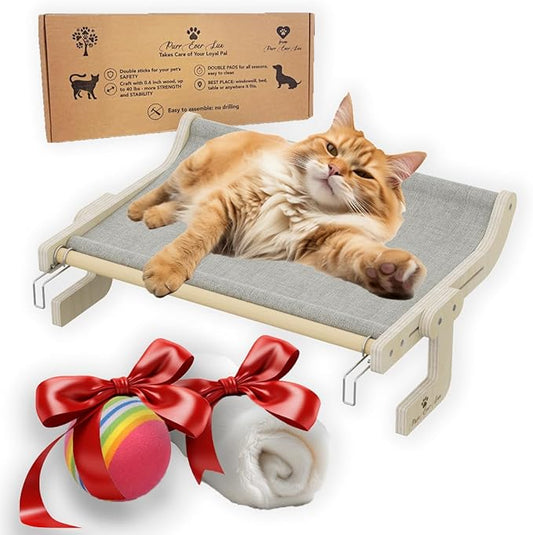 Cat Hammock for Window, Bedside, Adjustable Wooden Cat Perch with Canvas & Wool Mats, Double-Reinforced Side, Easy Assembly & Installation, Up To 40lbs Capacity, Includes Ball Toy for Pets