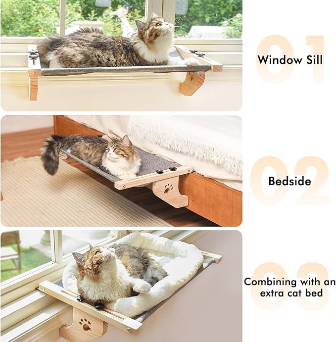 AMOSIJOY Cat Sill Window Perch Sturdy Cat Hammock Window Seat with Wood & Metal Frame for Large Cats, Easy to Adjust Cat Bed for Windowsill, Bedside, Drawer and Cabinet