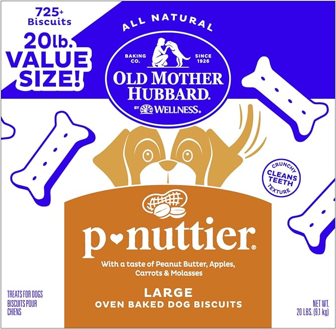 Old Mother Hubbard by Wellness Classic P-Nuttier Natural Dog Treats, Crunchy Oven-Baked Biscuits, Ideal for Training, Large Size, 20 Pound Box