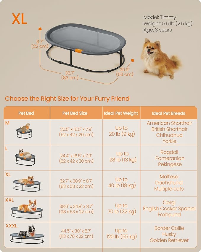 Feandrea Pet Bed, Elevated Dog Bed for Small, Medium Dogs, Cat Bed for Multiple Cats, with Removable Washable Mesh, for Pets up to 40 lb, Oval, Gray UPCB003G01