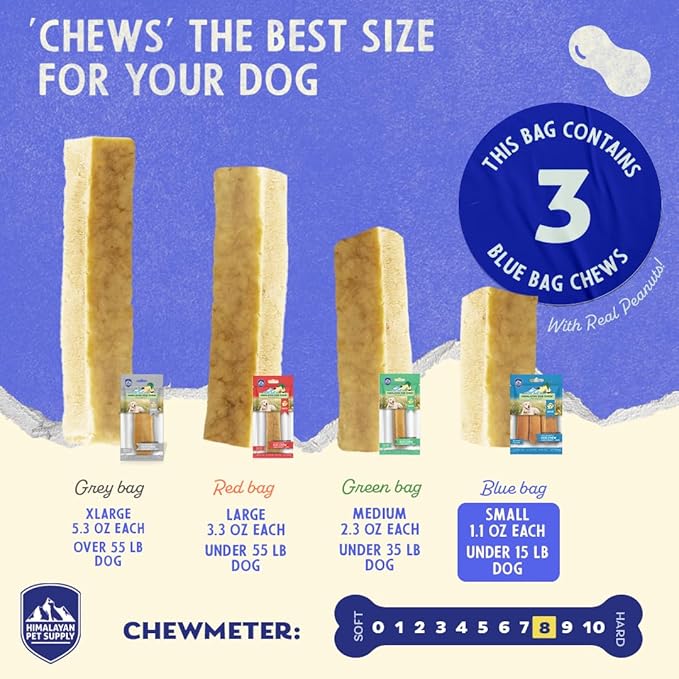 Himalayan Dog Chew Premium Yak Cheese Himalayan Dog Chews, Peanut Butter, 3 Small Treats, 1.1 oz, Healthy Dog Treats Small Dogs, Long Lasting Dog Chews for Puppy & Dogs Under 15 lbs