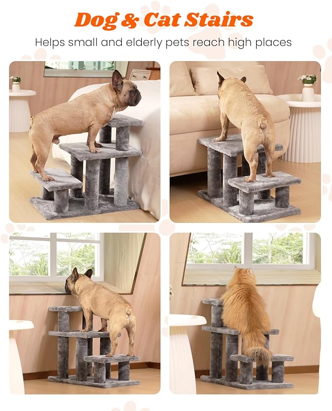 Pawque Dog Stairs for Small Dogs Old Cats, Pet Steps with High-Strength Boards and Plush Posts for High Beds Couch, Stable and Sturdy Pet Stairs, 3 Combination Options, 3 Steps-Grey