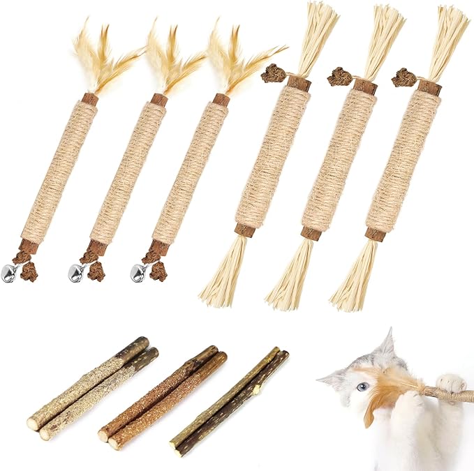 Tocirelo Catnip Toys Silvervine Sticks - 12Pack Natural Cat Chew Toys for Bored Indoor Cats Teeth Cleaning, Matatabi Sticks Treats with Feather and Bell, Kitten Teething Calming Products