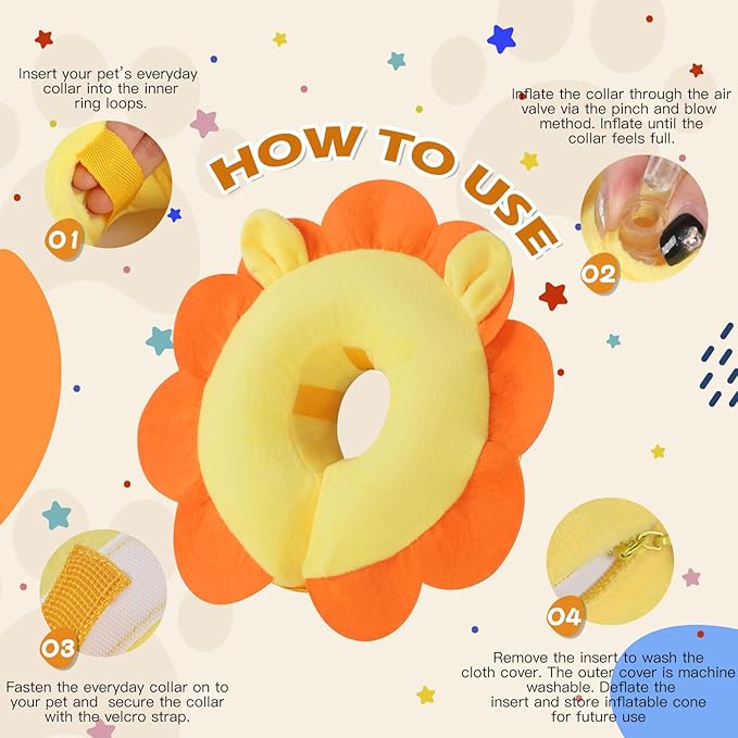 IEUUMLER Inflatable Recovery Dog Collar, Protective Donut Cone, Adjustable Soft Collar for Dog and Cat After Surgery Prevent from Biting & Scratching EU002 (L (Neck:11.8"-16.1"), Orange Lion)