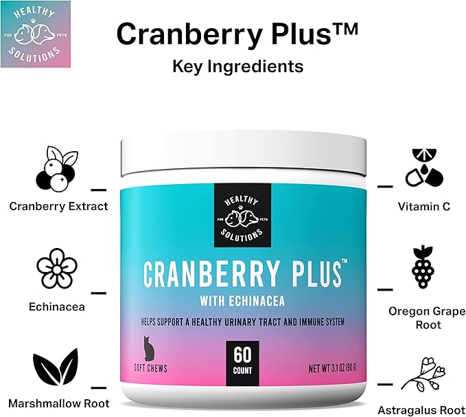 Cranberry Chews for Cats - UTI, Bladder, Kidney, & Urinary Tract Support - Cat Health Supplements Contain Cranberry Extract, Echinacea, Vitamin C, and Astragalus Root - 60 Soft Treats