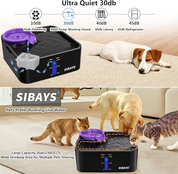 SIBAYS 230OZ 1.8GAL 7L Dog Water Fountain for Large Dogs, Medium Dogs and Cats Automaticlly Super Quiet,Pet Water Fountain for Cats,5 Layer Filter, Visible Water Reminder BPA-Free Material