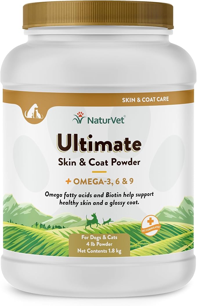 NaturVet Ultimate Skin & Coat Powder Pet Supplement for Dogs & Cats – Includes Omegas 3, 6, 9, Biotin, Vitamins – For Healthy Dog Coats, Cat Skin – Tasty Food Topper for Pets – 4 lbs.