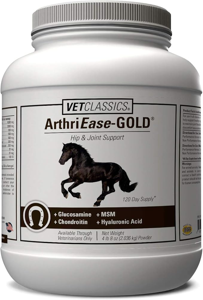 Vet Classics ArthriEase-Gold Joint Formula for Horses, Glucosamine, Chondroitin, Hyaluronic Acid & MSM Supports Joint Function & Flexibility, Alleviates Aches & Discomfort, 4 lb Powder, 120 Day Supply