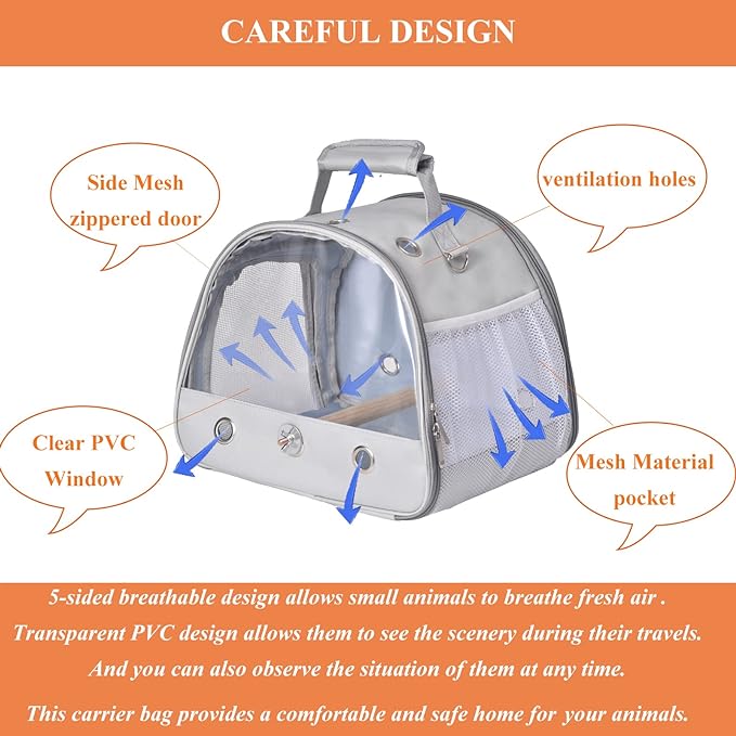 Bird Carrier Travel Cage with Stand, Small Bird Travel Carrier for Parrot with Perch, Small Bird Cage for Travel Parakeet Carrier Bird Bag with Shoulder Strap, Side Access Window (Grey)