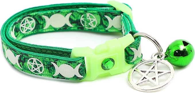 Wicca Cat Collar with Occult Charm & Bell | Witch’s Familiar Cat Collar | Witch Kitten Collar Charms | Glow in The Dark | Safety Breakaway Collar (Small(10lbs & Less), Emerald)