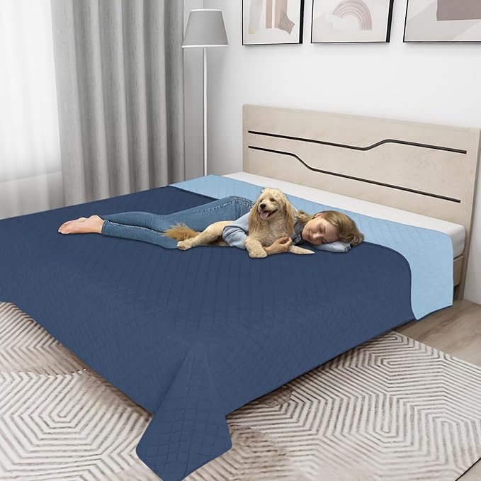 Easy-Going 100% Waterproof Dog Bed Cover Reversible Leak Proof Couch Cover Washable Sofa Cover Furniture Protector Blanket for Pets Kids Children Dog Cat (96x90 Inch, Dark Blue/Light Blue)