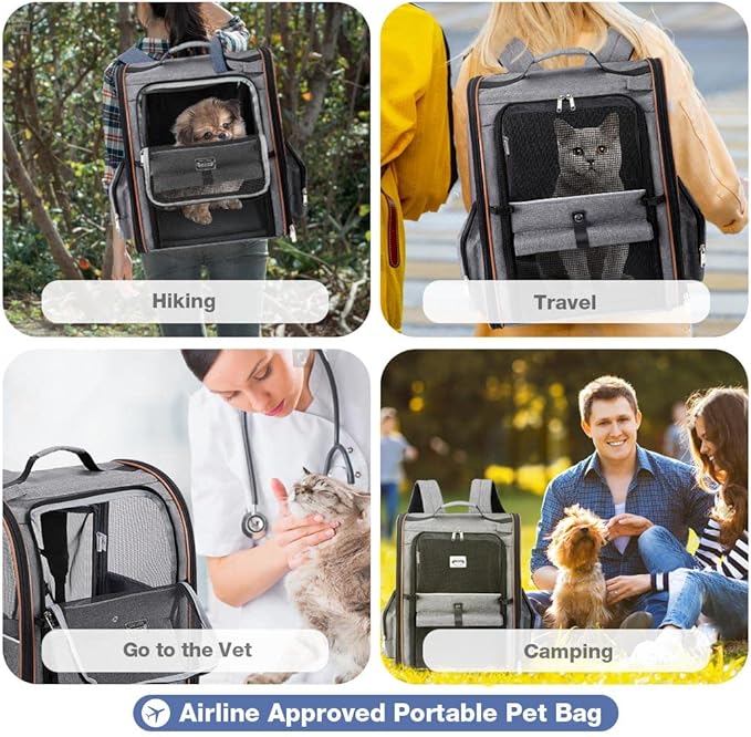 Lekebobor Extra Large Cat Backpack Carrier Expandable Pet Carrier Backpack for Small Dogs Medium Cats Fit Up to 18 Lbs, Dog Backpack Carrier, Foldable Puppy Backpack Carrier for Travel, Hiking,Grey