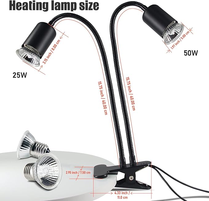 Reptile Heat Lamp, Double-Head Heat Lamp with Clamp, UVA UVB Reptile Light with Intelligent Cycle Timer for Turtle, Bearded Dragon, Lizard and More, 2 Bulbs 25W+50W