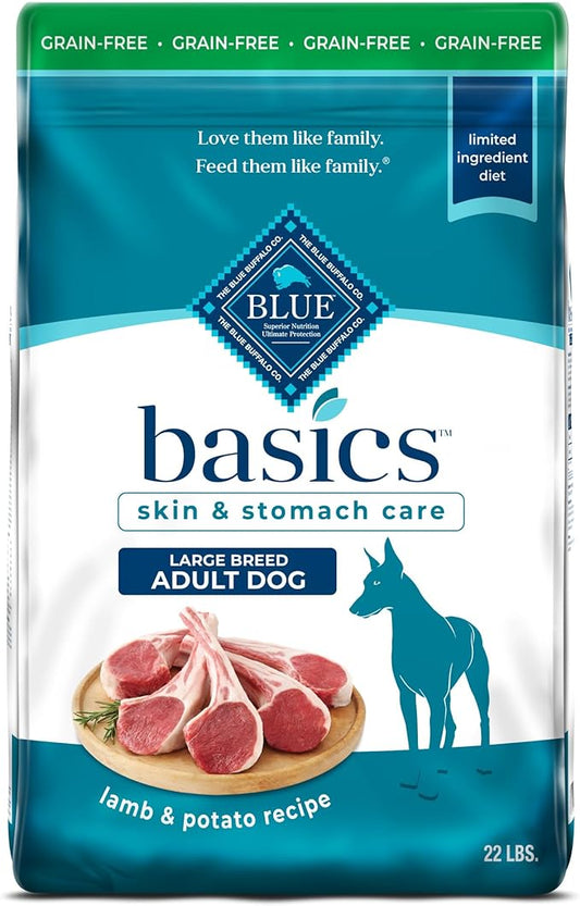 Blue Buffalo Basics Adult Large Breed Grain-Free Dry Dog Food for Skin & Stomach Care, Limited Ingredient Diet, Made in the USA with Natural Ingredients, Lamb & Potato Recipe, 22-lb. Bag