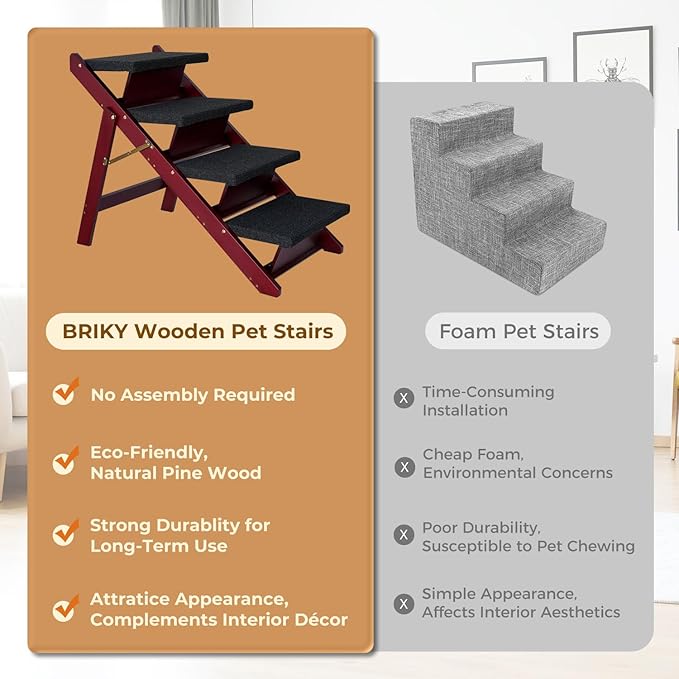 Wooden Dog Stairs/Steps - Foldable 4 steps Dog Steps for High Bed Couch Cars, Non-Slip Pet Stairs for Small Large Medium Dogs and Cats, No Assembly Required