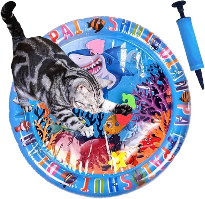 Water Sensory Play Mat for Cats, 2024 New Thickened Interactive Water Sensory Play Mat for Cats，Cat Water Mat for Cats with Fish for Pet Play（Pump Included）