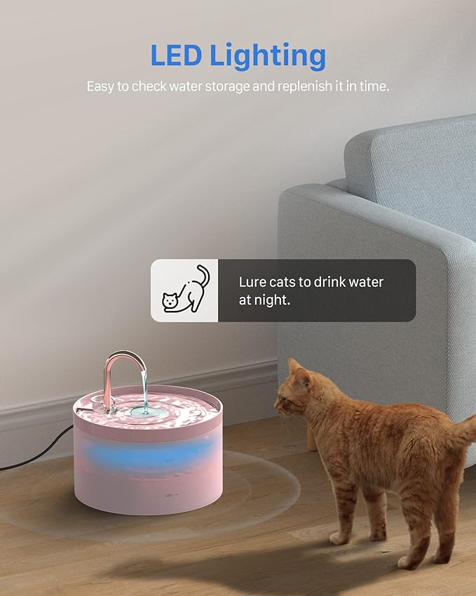 Cat Water Fountain, GIOTOHUN Faucet-Shaped 67oz/2L Cat Fountain, Super Silent Pet Water Fountain, Built-in Led Light, Activated Carbon Filter, Translucent Water Tank, Suitable for Multiple Pets,Pink