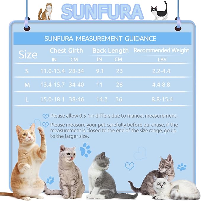 SUNFURA Cat Recovery Suit, Kitten Surgical Full Bodysuit for Abdominal Wound Protector Anti Licking After Surgery, Professional Bandages Cone E-Collar Alternative for Small Male & Female Pets