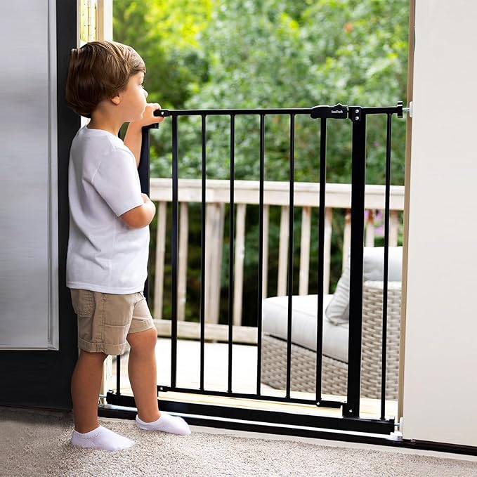 InnoTruth 28.9-42.1" Wide Baby Gate for Stairs, 30" Tall Dog Gates for Doorways Expandable One-Hand Open, Easy Walk Through Dual Lock Metal Pet Gates for Dogs, Black-Family & Mom's Choice Award Winner