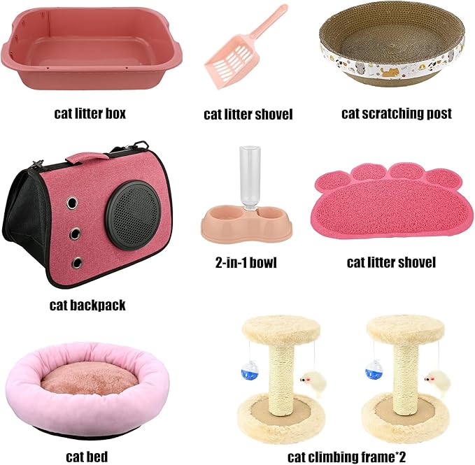 40 Pcs Kitten Cat Starter Kits, Cat Litter Box, Brush, Nail Clipper, Collar, Cat Bed Scratch Pad, Bag and other Cat Essentials，Small Medium Cat Litter Box Kits for beginner Supplies Accessories