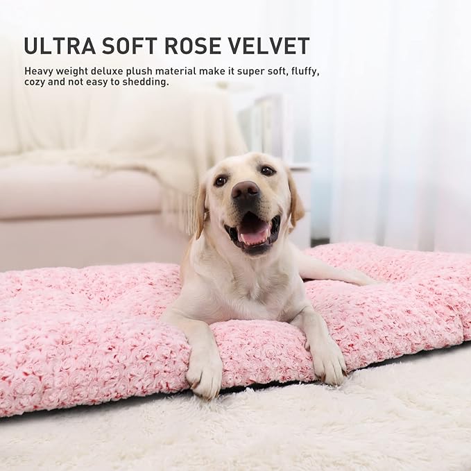 KSIIA Washable Dog Bed Deluxe Plush Dog Crate Beds Fulffy Comfy Kennel Pad Anti-Slip Pet Sleeping Mat for Large, Jumbo, Medium, Small Dogs Breeds, 35" x 23", Pink