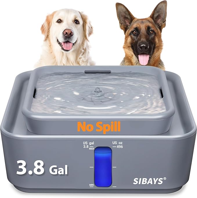 SIBAYS 3.8Gal/14L Extra Large Dog Water Fountain, No Spill Pet Water Fountain with 9" Large Filter & Powerful LED Pump & Water Shortage Reminder, Auto Dog Water Bowl Dispenser, Easy to Clean, BPA-Free