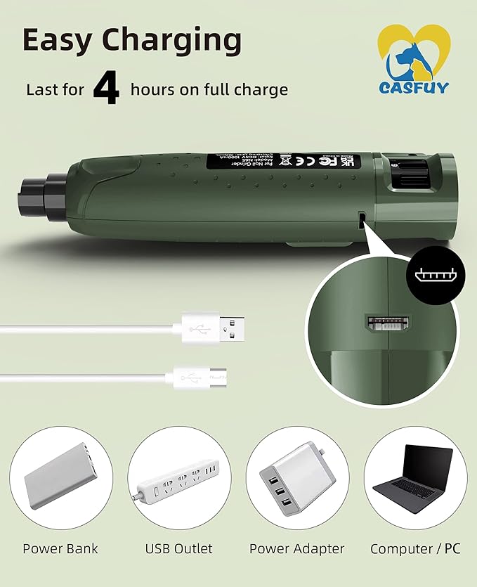 Casfuy Dog Nail Grinder Quiet - (45db) 6-Speed Pet Nail Grinder with 2 LED Lights for Large Medium Small Puppy Dogs/Cats, Professional 3 Ports Rechargeable Electric Dog Nail Trimmer with Dust Cap