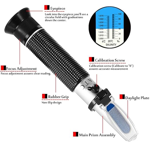 Seawater Salinity Refractometer,V-Resourcing Automatic Temperature Compensation Sea Water Salinity Measurer for Aquarium, Hydrometer, 0-100ppt & 1.000-1.070 Salinity Specific Gravity