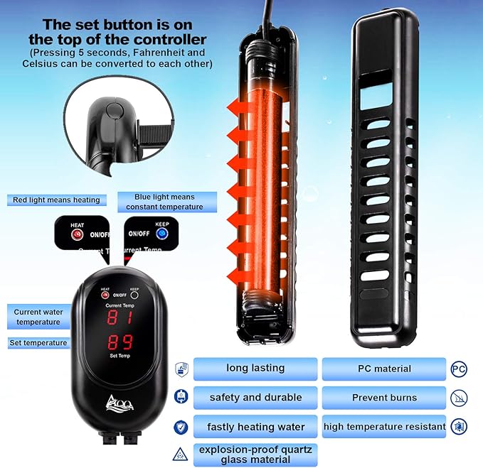 AQQA Submersible Aquarium Heater,100W/200W/300W/500W/800W/1000W/1200W Fish Tank Heater,External Temperature Controller LED Temperature Display,Suitable for Saltwater and Freshwater(100W)