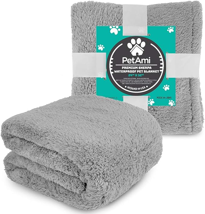 PetAmi Fluffy Waterproof Dog Blanket for Small Medium Dogs, Soft Warm Pet Sherpa Throw Pee Proof Couch Cover, Reversible Cat Puppy Bed Blanket Sofa Protector, Plush Washable Pad (Light Grey, 24x32)