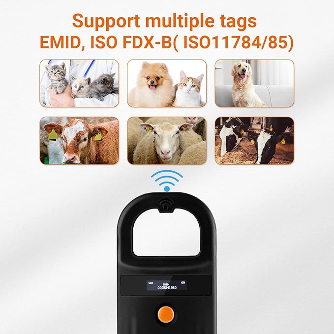 Tera Pet Microchip Reader Scanner with D-Ring RFID Portable Animal Chip ID Scanner with OLED Display Screen Rechargeable Data Storage Tag Scanner EMID FDX-B(ISO11784/85) for Dogs Cat Animal Management