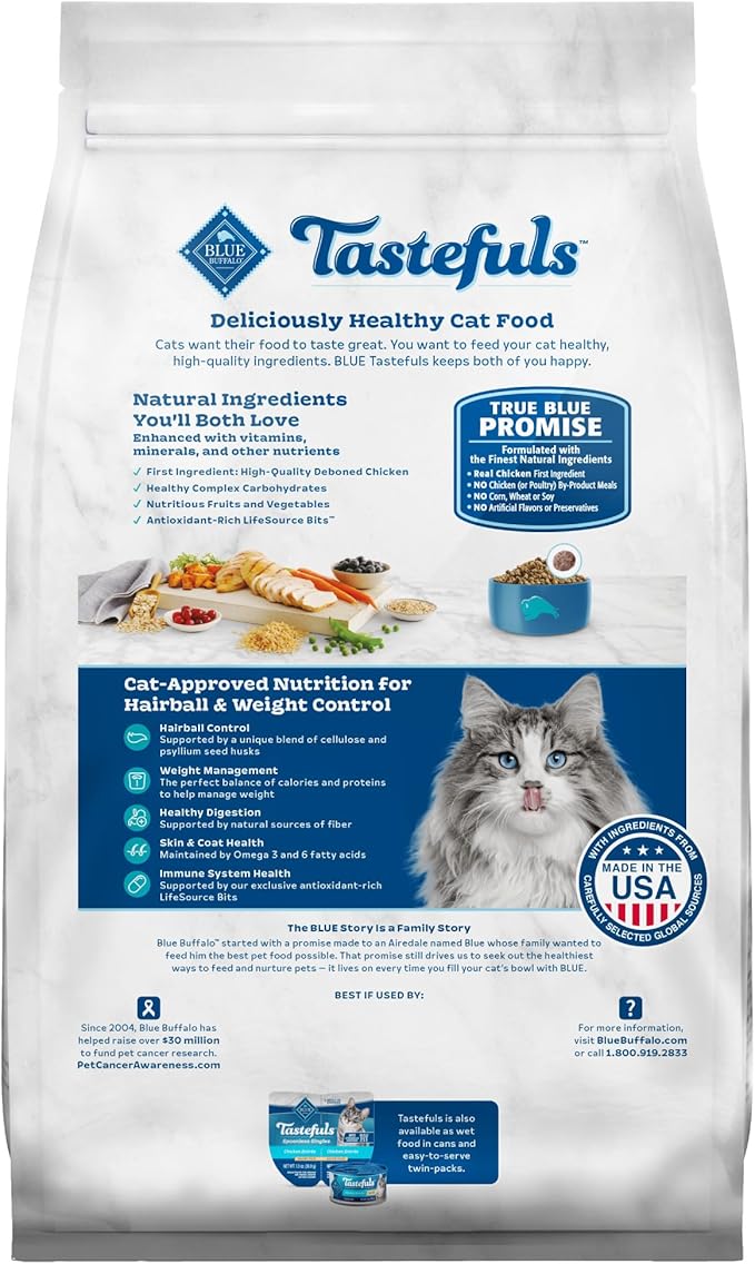 Blue Buffalo Tastefuls Adult Dry Cat Food for Weight Management & Hairball Control, Made in the USA with Natural Ingredients, Chicken Recipe, 7-lb. Bag