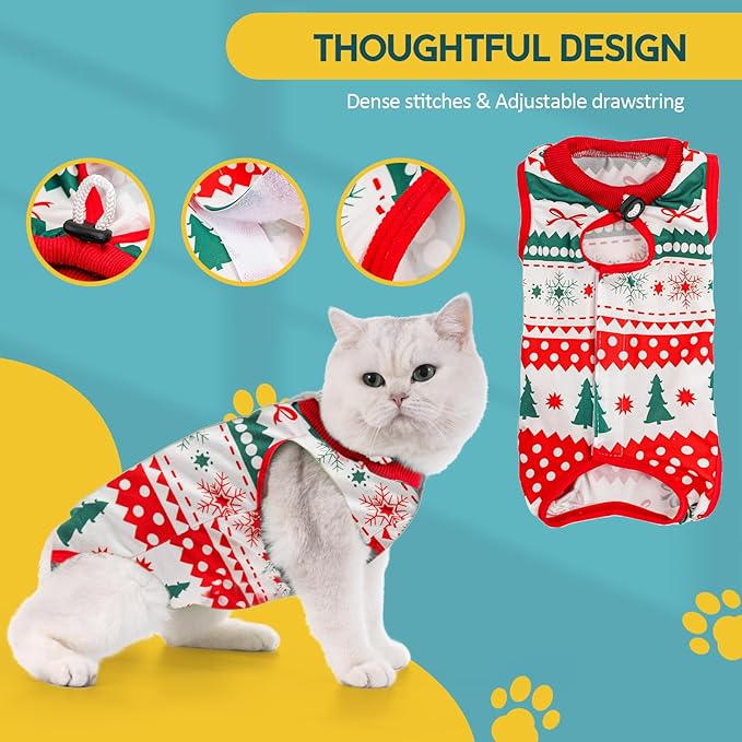 Avont Cat Recovery Suit, Cat Onesie for Cats After Spay Surgery Healing, Cat E-Collar Cone Alternative for Surgical Recovery Skin Diseases -Christmas(M)