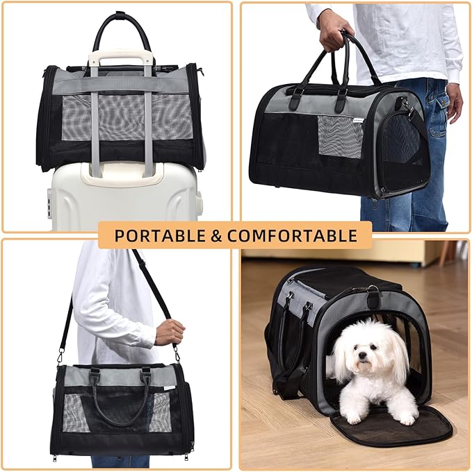 PET MARVEL Cat Carrier Soft Sided Large for Pet Dogs up to 25 Lbs, Airline Approved Mesh Pet Travel Bag, Breathable Bite-Resistant Fabric with Removable Washable Mat