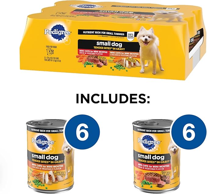 Pedigree Small Dog Tender Bites in Gravy Variety Pack, Chicken & Vegetable Flavor and Steak & Vegetable Flavor Canned Wet Dog Food, (12) 13.2 oz. Cans