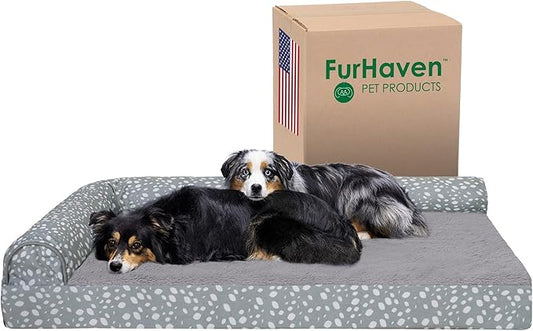 Furhaven Cooling Gel Dog Bed for Large Dogs w/ Removable Bolsters & Washable Cover, For Dogs Up to 125 lbs - Plush & Almond Print L Shaped Chaise - Gray Almonds, Jumbo Plus/XXL