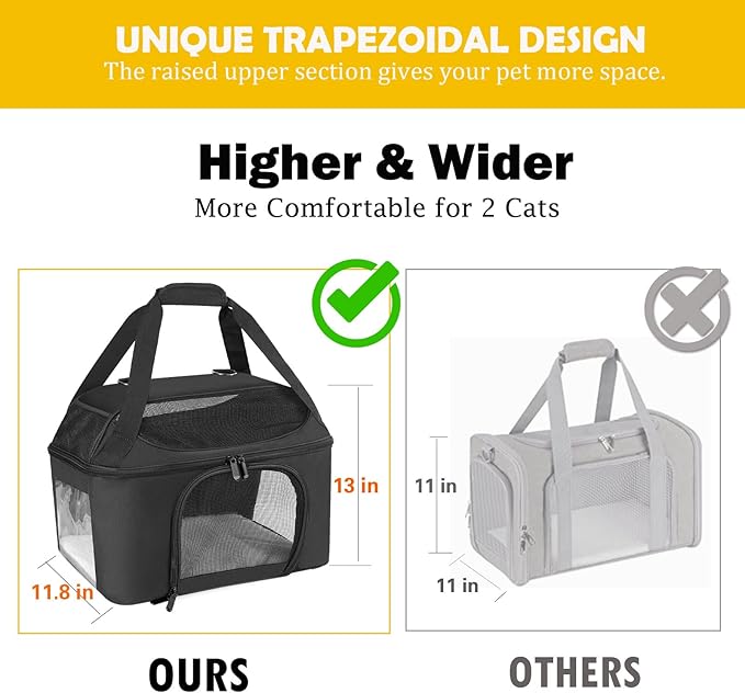 Large Cat Carrier for 2 Cats, Oeko-TEX Certified Soft Side Pet Carrier for Cat, Small Dog, Collapsible Travel Small Dog Carrier, TSA Airline Approved Cat Carrier for Large Cats 20 lbs-Black