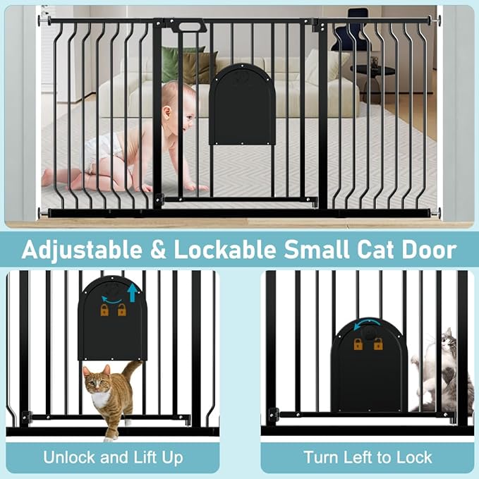 Baby Gate with Cat Door,29.5"-62" Extra Wide Pet Gates with Door Walk Thru, Auto Close Child Safety Gate for Doorways Stairs, Pressure Mounted Metal Dog Gate with Pet Door Adjustable, Black