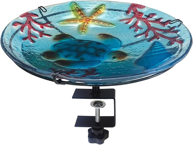 Deck Mounted Bird Bath for Outside, Sea Turtle Glass Bird Baths Bowl Bird Feeders Deck Birdbath for Outdoor Garden Decor, Railing Bird Bath for Deck, Balcony, Fence-Sea Turtle Blue