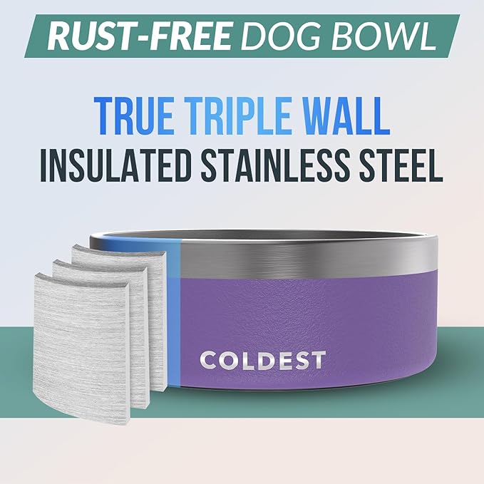 Coldest Dog Bowl - Anti Rust Metal & Non Slip Dog Bowls Large, Spill Proof Heavy Duty 3 Layers Insulated Dog Bowl - Food and Water Bowl for Dogs, Cats & Pets, Dishwasher Safe (64 oz, Galaxy Purple)