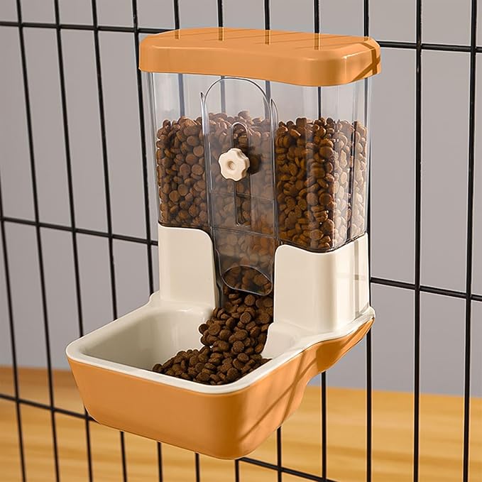 Hanging Automatic Food Dispenser, 27oz Large Capacity Hanging Pet Cage Feeder for Rabbit Bird Chinchilla Hedgehog Guinea Pig Ferret Kitty Puppy (Orange)