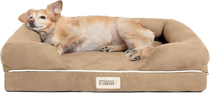 Friends Forever Small Dog Bed, Orthopedic Dog Sofa Memory Foam Mattress, Calming Dog Couch Bed, Wall Rim Pillow, Water Resistant Liner, Washable Cover, Non-Slip Bottom, Chester, Small Khaki Beige