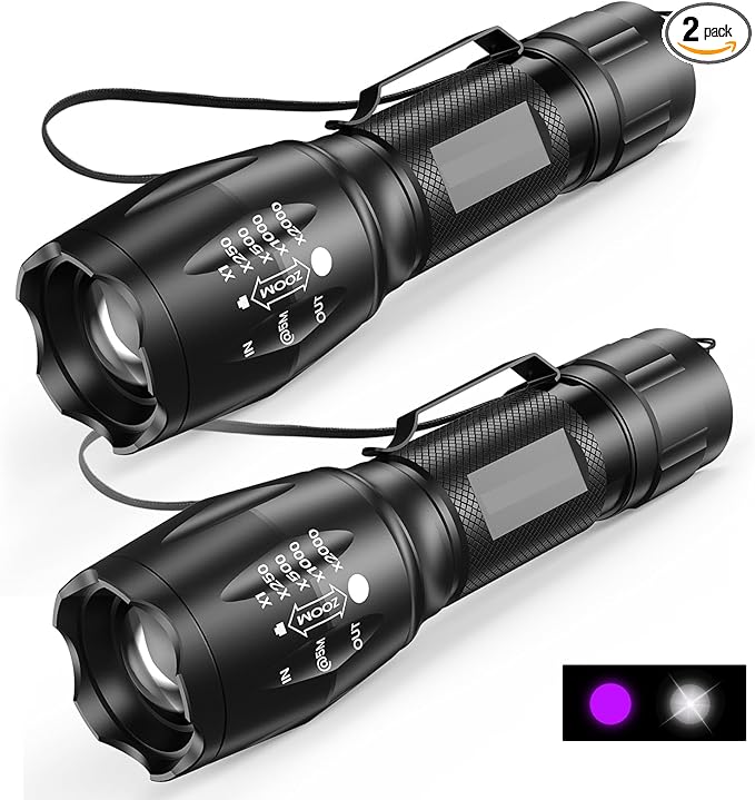 UV Flashlight, Portable Blacklight Flashlight, LED Torch with White and Ultraviolet Light Combo, Black Light Pet Urine Detector for Dog Cat Pee, ID Check, AC Leak, Bed Bug, Rocks, Resin (2)