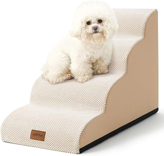 Dog Stairs for Medium Bed 20" H, Small Dogs Ramp with Leakproof Fabric Cover, Foam Pet Steps for Cat or Couch, Lightweight, Non-Slip, Durable, Comfort, 15.7x28.3x19.7in, Light Khaki, 4 Tiers