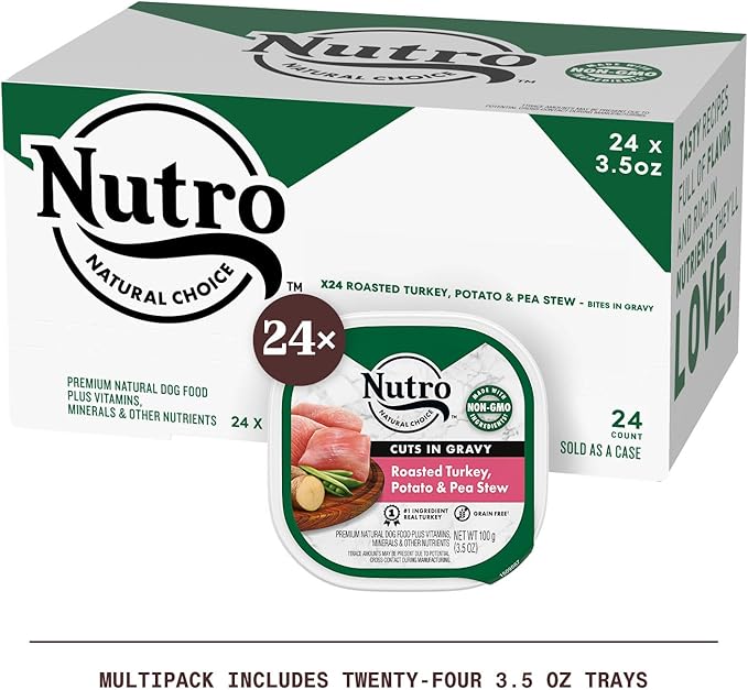 NUTRO Adult Natural Grain Free Wet Dog Food Cuts in Gravy, Roasted Turkey, Potato & Pea Stew Recipe, 3.5 oz. Trays (Pack of 24)